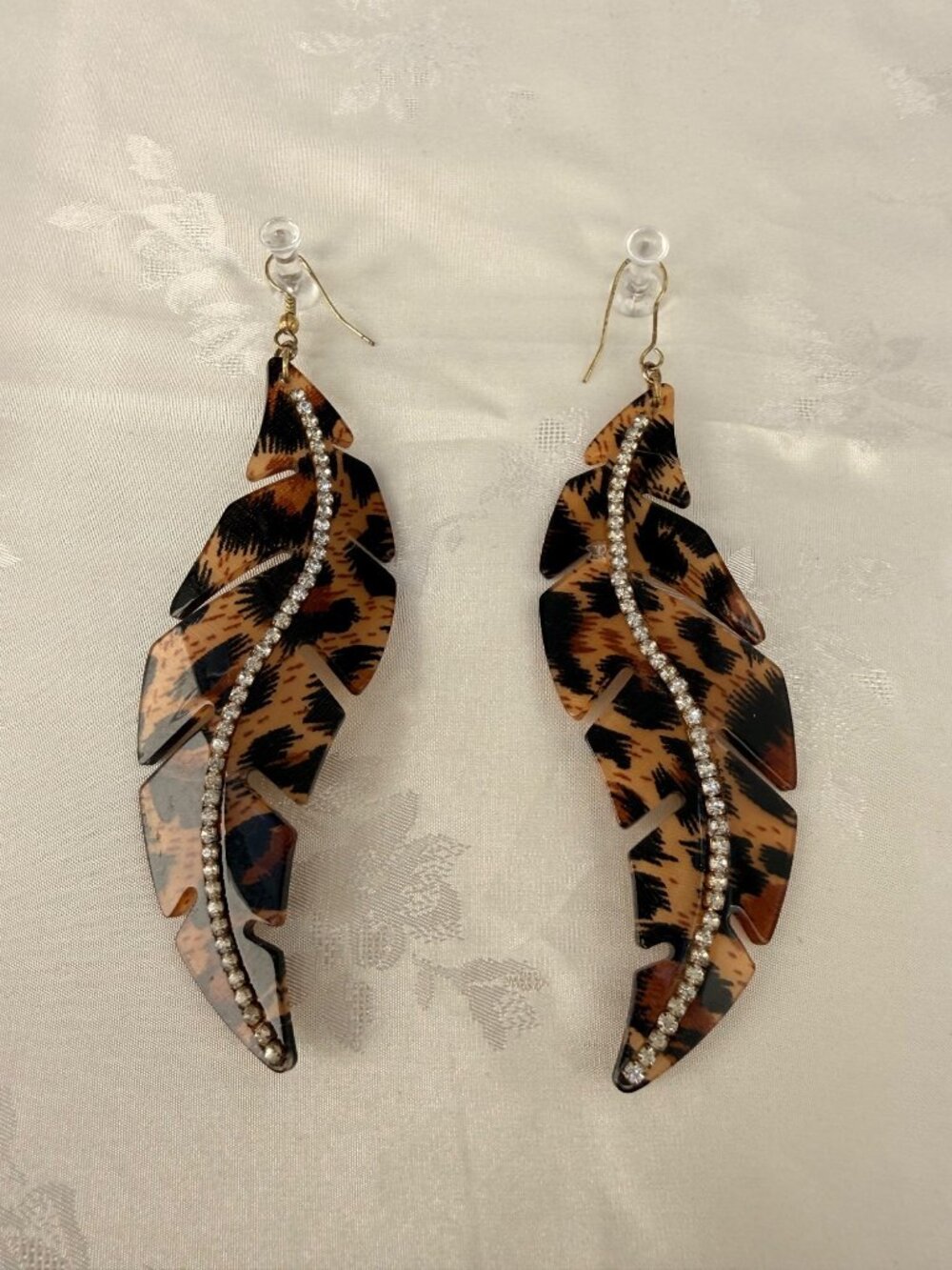 Patterned Leaf Plastic Dangle Earrings w/ Rhinestone accent Statement Jewelry